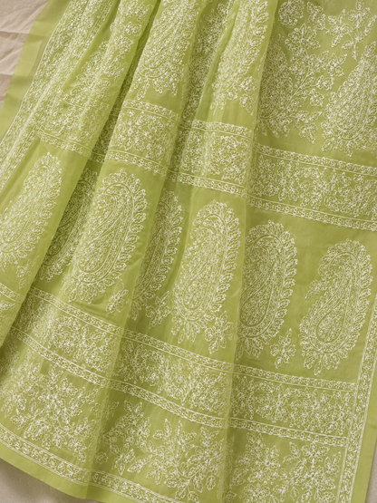 Close-up of a light green pure georgette saree showcasing intricate white floral embroidery, paisley motifs, and detailed embroidered border.
