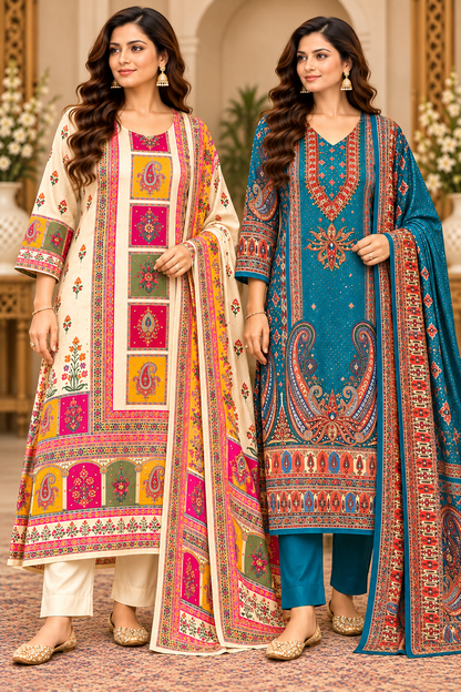 Teal blue and creame crepe silk printed kurta pant set with paisley and floral motifs, embellished neckline and four-side border dupatta