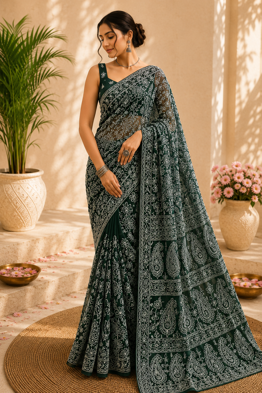 Woman wearing a dark green pure georgette saree with detailed white floral embroidery and paisley motifs, styled with a matching embroidered blouse.