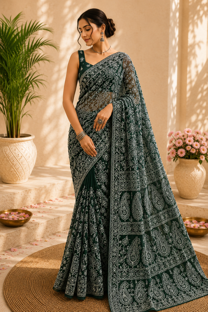 Woman wearing a dark green pure georgette saree with detailed white floral embroidery and paisley motifs, styled with a matching embroidered blouse.
