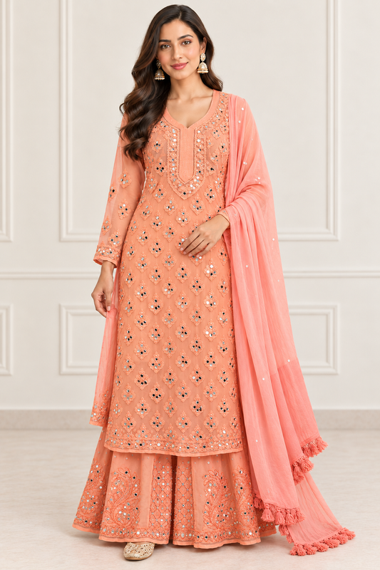 Peach mirror work jersey sharara suit set with embroidered kurta lined sharara and tassel dupatta