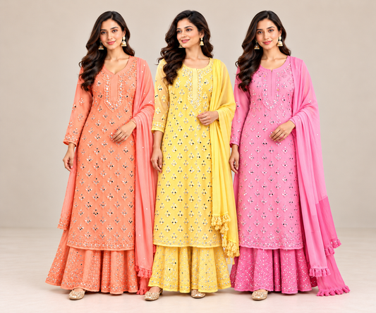 3 piece mirror work sharara set with jersey kurta lined sharara and tassel dupatta