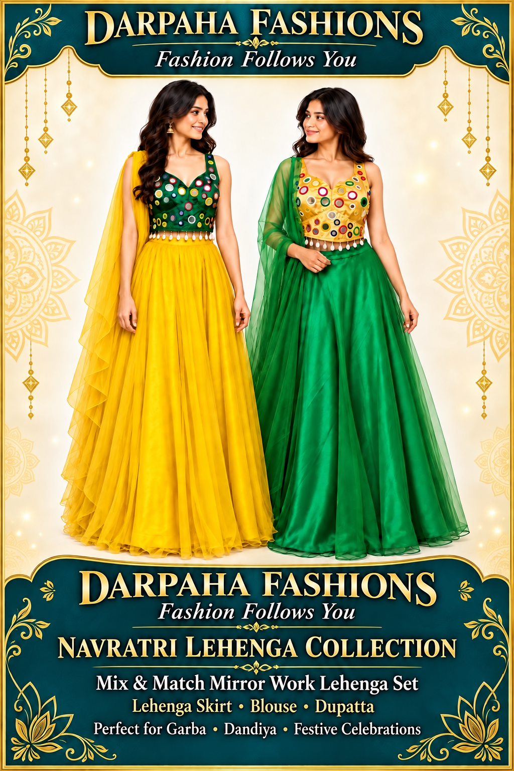 Promotional graphic for Darpaha Fashions showcasing a navy and gold mirror-work Lehenga set worn by two models. One model wears a yellow lehenga skirt with a green and gold mirror-work bodice and dupatta, while the other wears a green lehenga skirt with a matching green and gold bodice and dupatta.