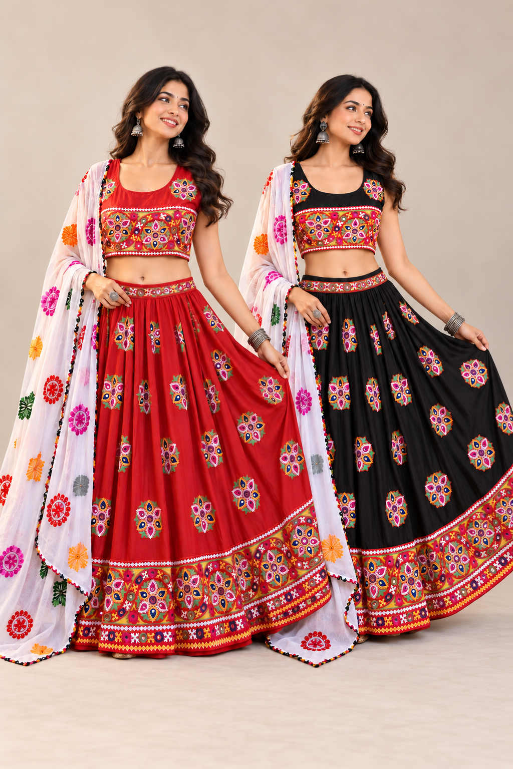 AI model wearing a red chaniya choli and black with a full rayon lehenga, colorful mirror-work embroidery, broad hem border, and multicolor chiffon dupatta.