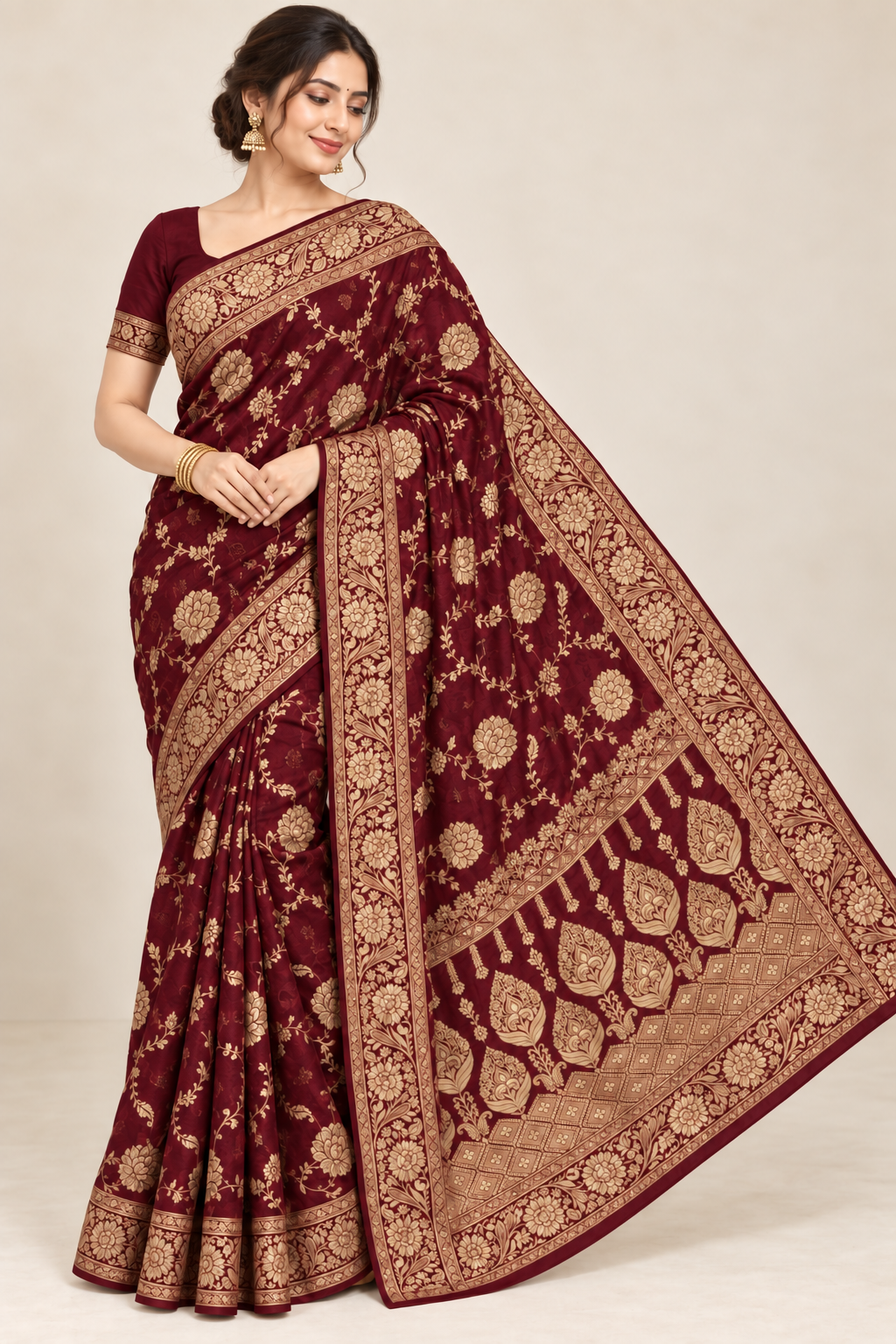 Deep maroon jacquard saree with bright gold floral zari border and detailed pallu