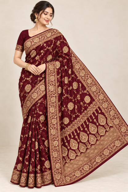 Deep maroon jacquard saree with bright gold floral zari border and detailed pallu