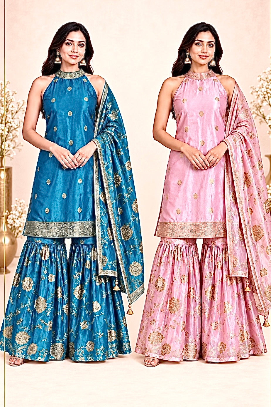 Blush pink and royal blue Dola Silk palazzo suit sets with gold zari woven motifs and Georgette dupattas