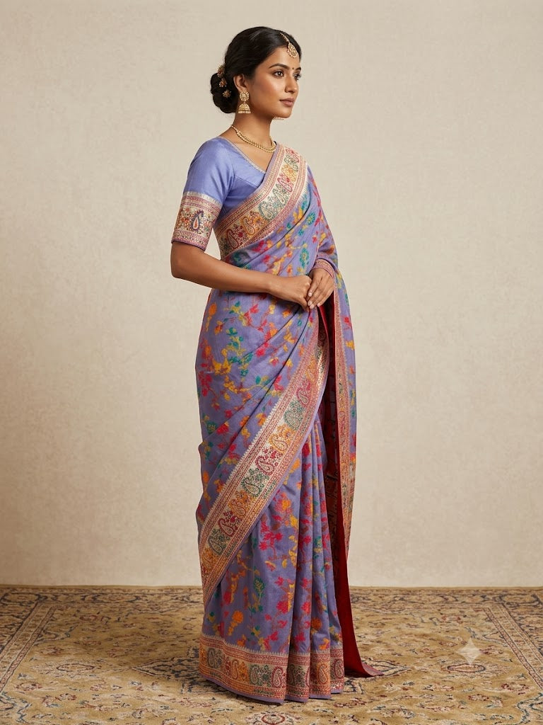Model wearing a purple Chanderi silk jacquard pre-stitched saree with a matching stitched blouse.