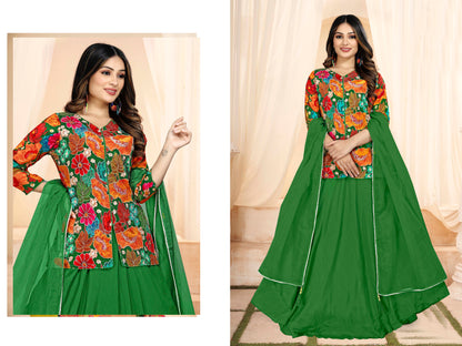 Green floral embroidered Chinon jacket with crepe lehenga and organza dupatta Indian festive outfit