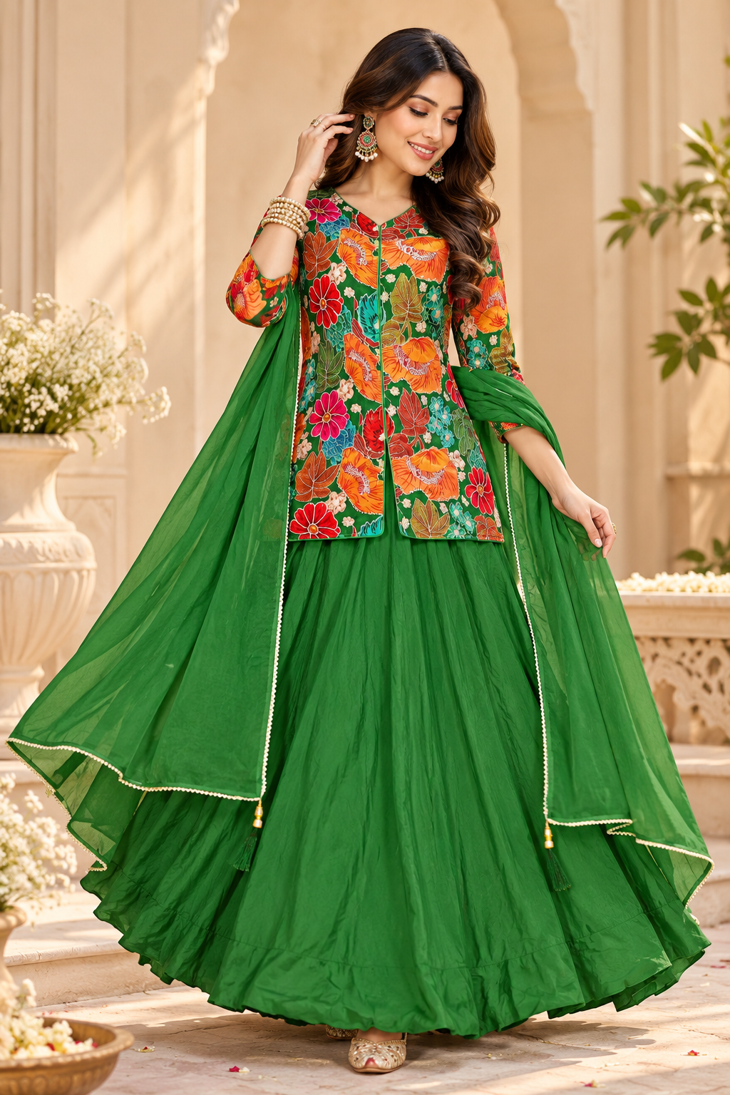 Green floral embroidered Chinon jacket with crepe lehenga and organza dupatta Indian festive outfit