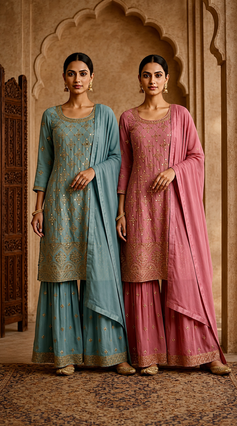 Teal and pink Georgette A-line Sharara suits with sequin and zari embroidery