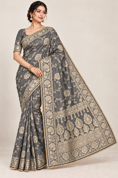 Gray jacquard saree with gold floral border, designer pallu