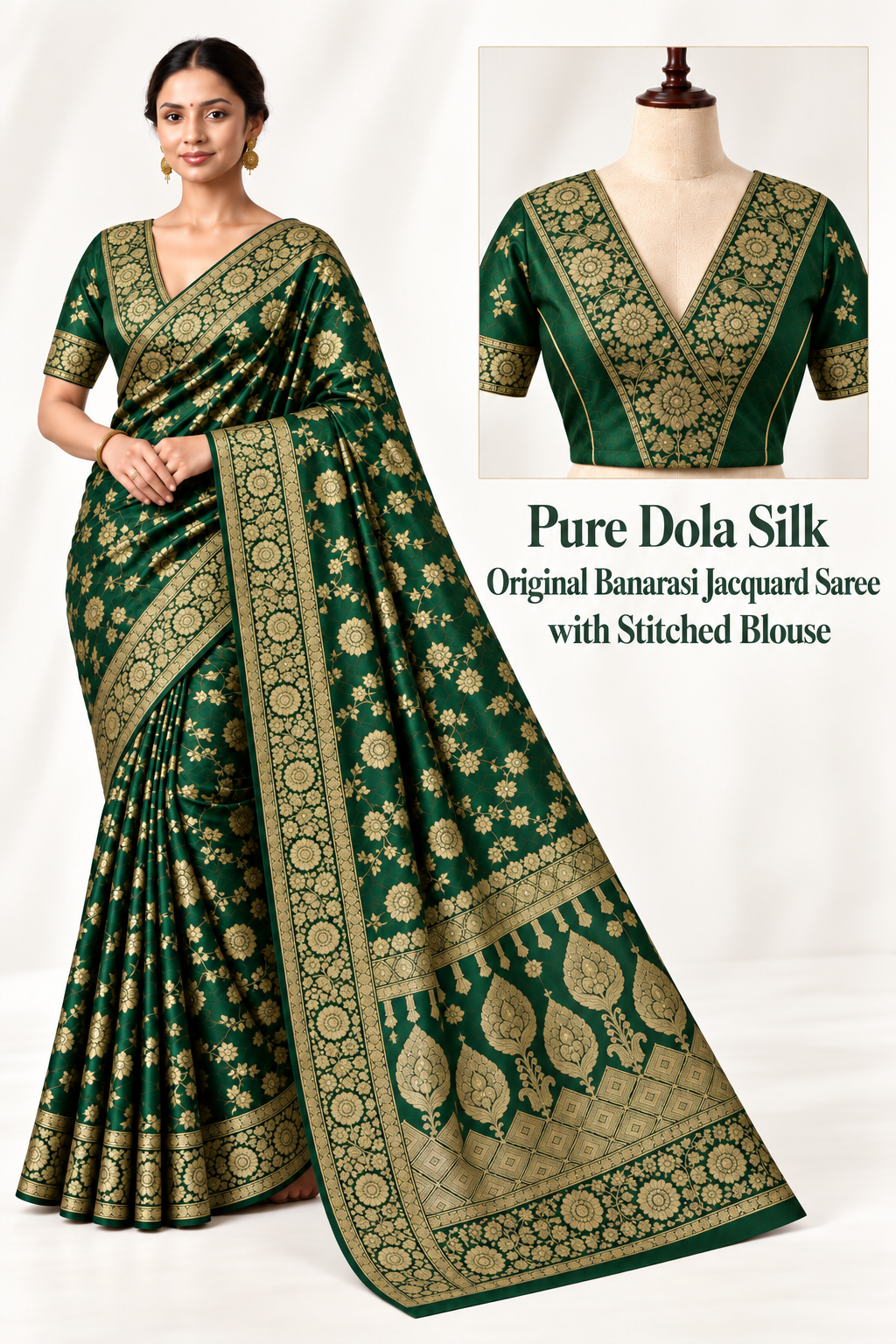 A dark green silk saree with intricate gold Banarasi motifs, modeled by a woman on the left, with a mannequin torso and blouse inset on the right. Text on the right reads 'Pure Dola Silk Original Banarasi Jacquard Saree with Stitched Blouse'.