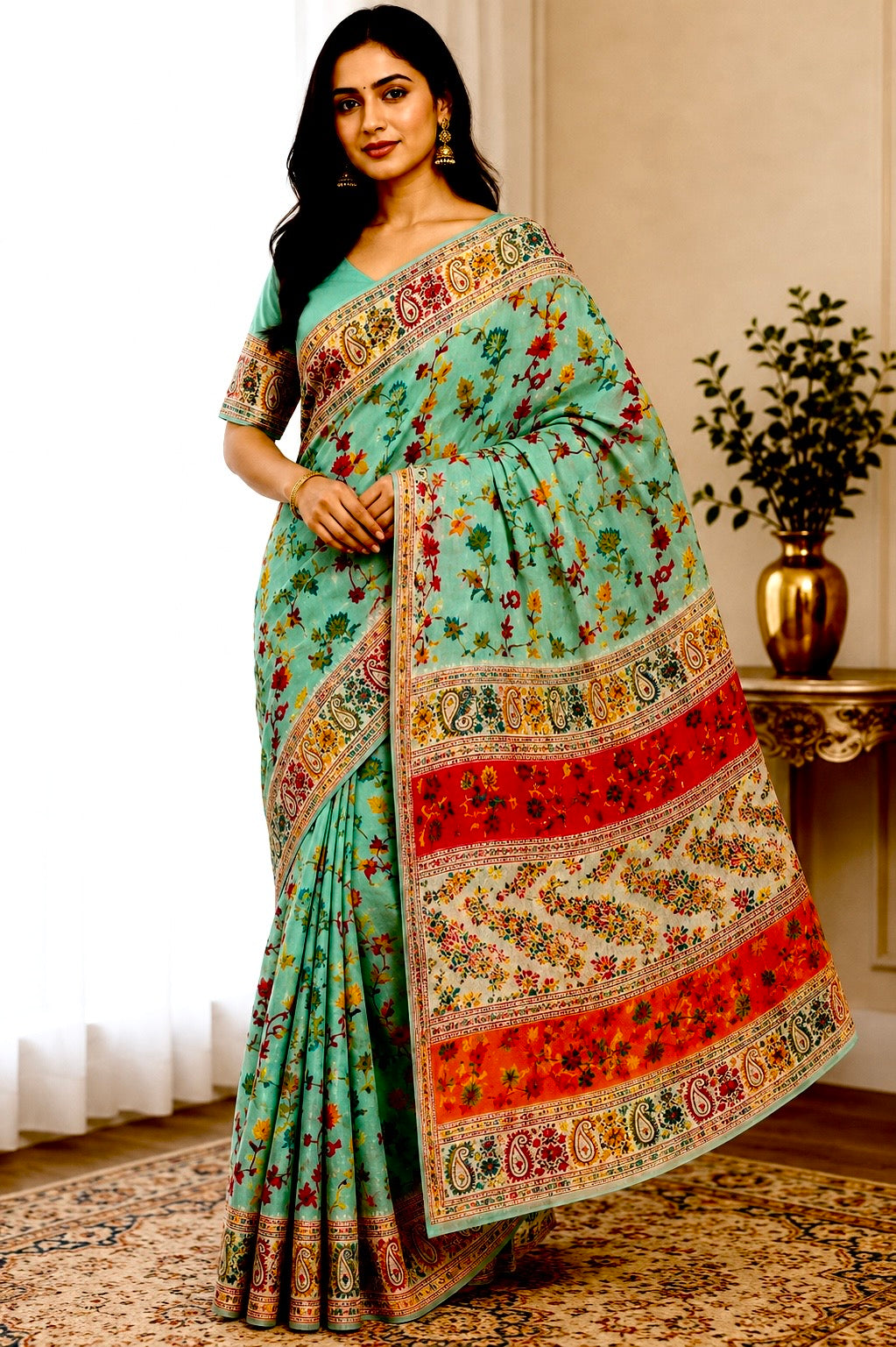 Model wearing a green Chanderi silk jacquard saree with multicolor floral print and a traditional patterned border.