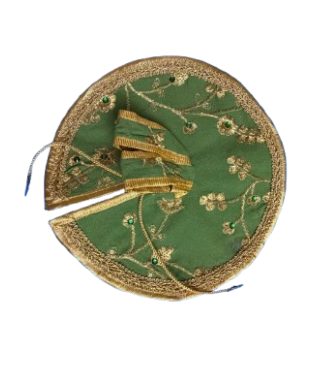 Green and gold Laddu Gopal poshak showing floral embroidery, jeweled accents, and decorative border