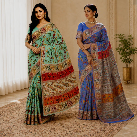 Green and purple Chanderi cotton silk jacquard sarees with colorful woven motifs and Banarasi-style borders