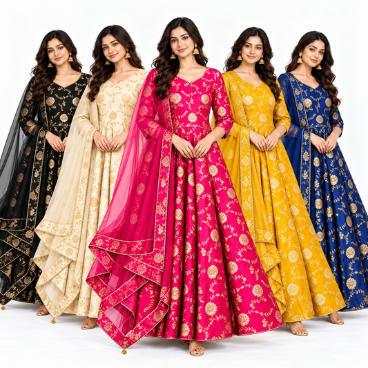 Group silk jacquard Anarkali dress with gold floral pattern and matching sheer net dupatta