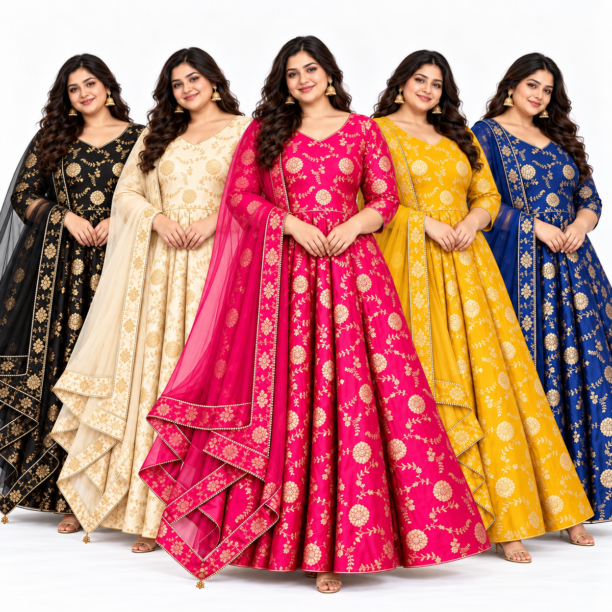 Group Dola silk jacquard Anarkali dress with gold floral pattern and matching dupatta