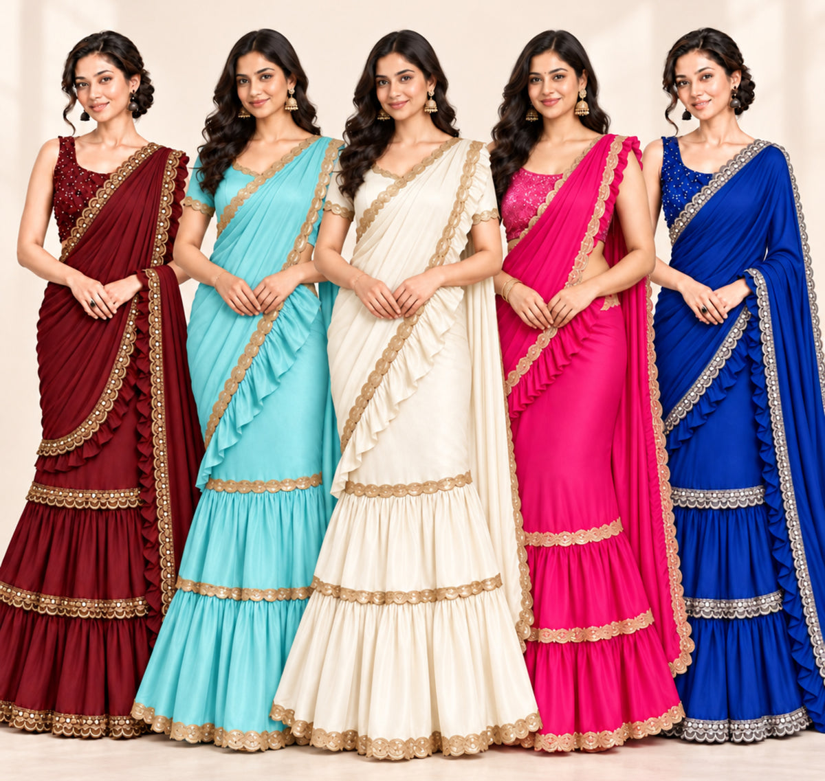 Five women modeling tiered ruffled saree dresses in different colors: maroon, light blue, cream, pink, and royal blue, each with gold embroidered borders and matching sleeveless embellished tops, posed against a light beige background.