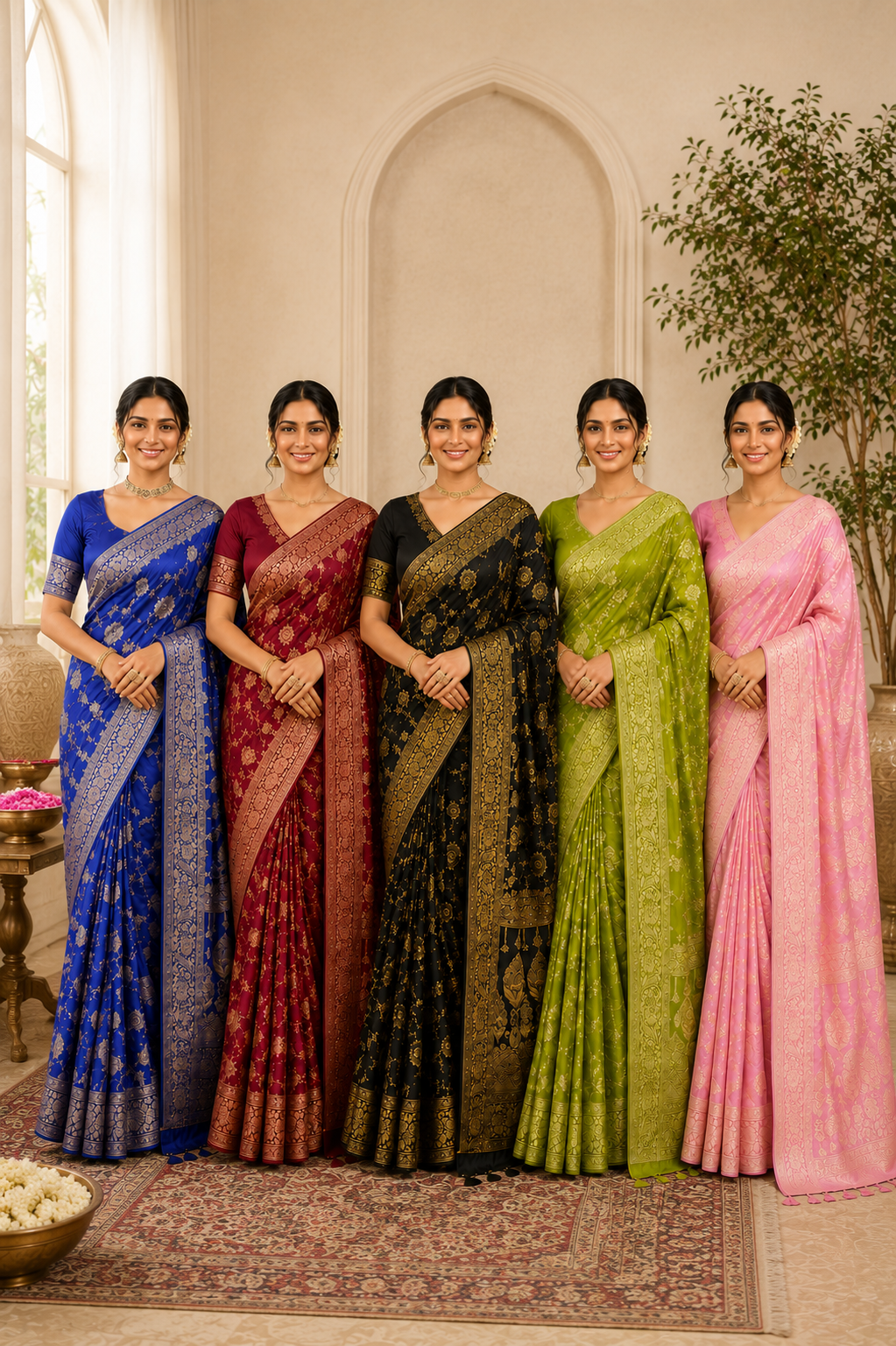 Five Dola silk sarees with zari woven floral borders in royal blue, maroon, black, green, and baby pink displayed on models.