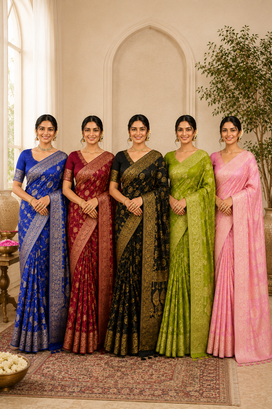 Five Dola silk sarees with zari woven floral borders in royal blue, maroon, black, green, and baby pink displayed on models.