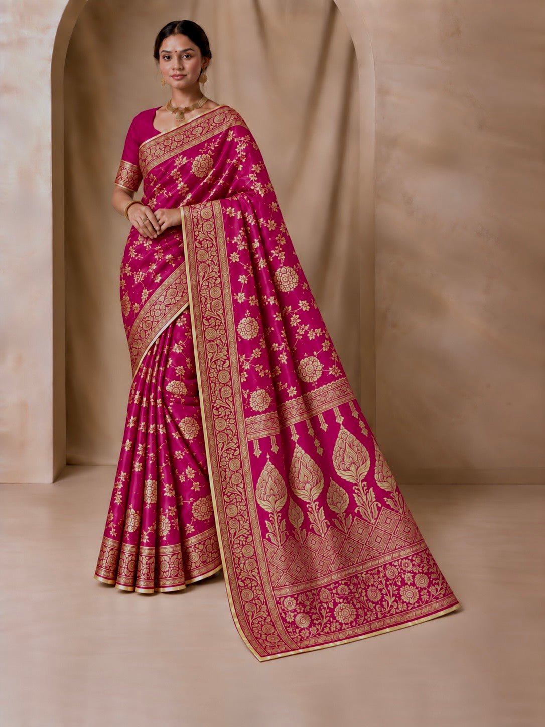 Hot fuchsia pink jacquard saree with gold zari floral border and designer pallu