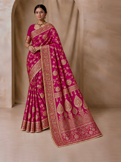 Hot fuchsia pink jacquard saree with gold zari floral border and designer pallu
