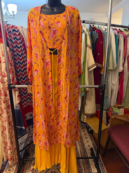 Floral Indo-Western Co-Ord Set with Natural Crepe Jacket & Top | Chinon Palazzo | Hand Embroidered | Women’s Party & Wedding Outfit