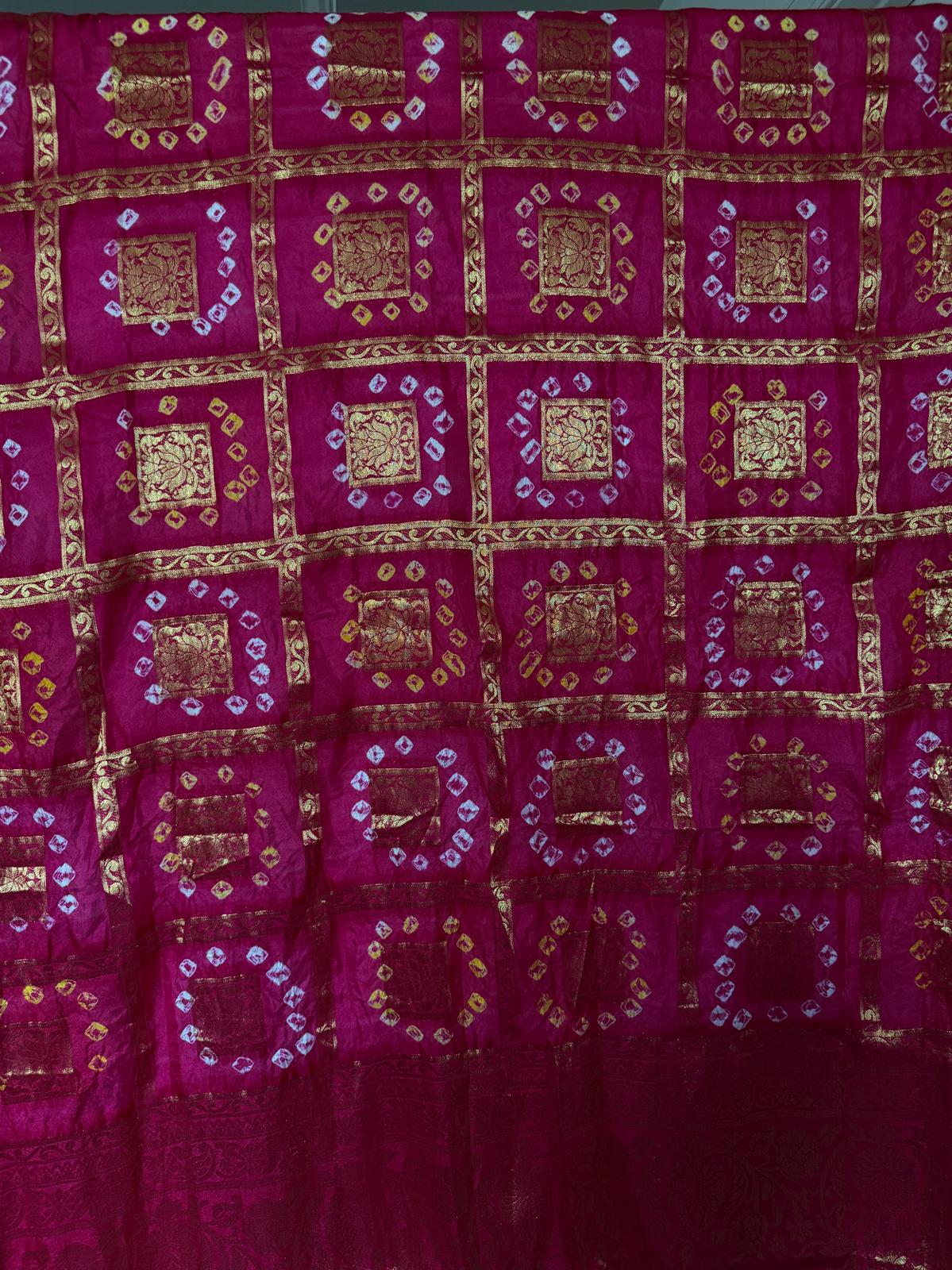 Magenta Handmade Bandhani Dupatta with Full Gold Zari Work – Traditional Women's Ethnic Dupatta