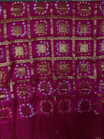 Magenta Handmade Bandhani Dupatta with Full Gold Zari Work – Traditional Women's Ethnic Dupatta