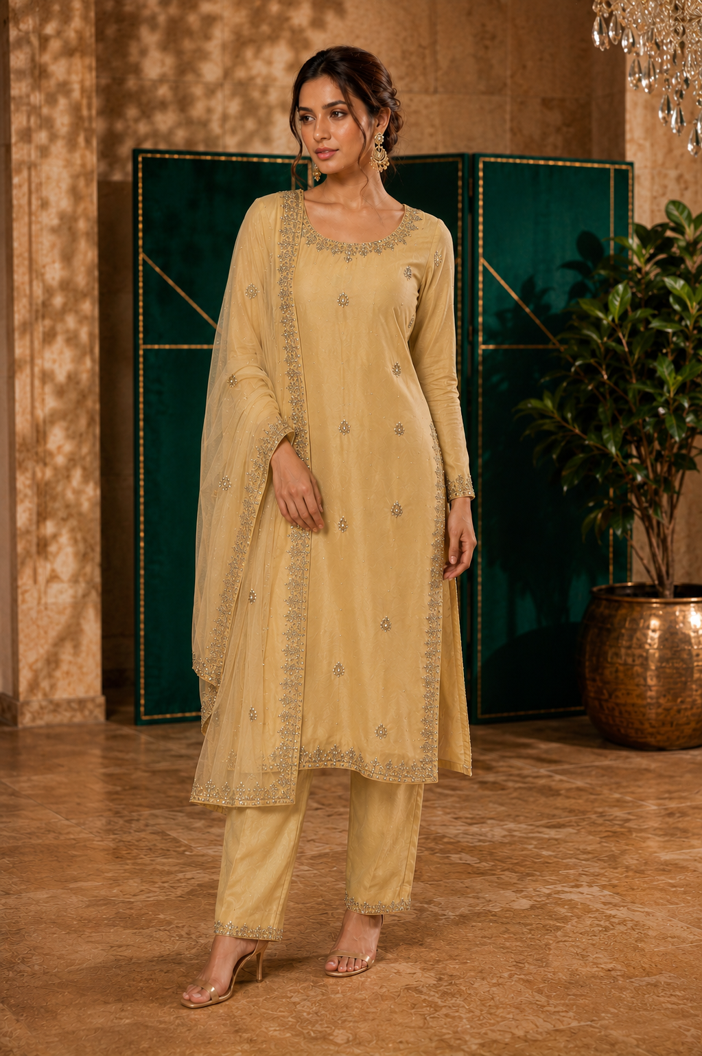Three-piece mustard yellow Indian salwar suit featuring hand embroidered kurta, matching salwar, and Chinon dupatta.