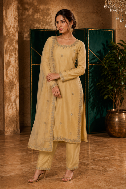 Woman wearing a mustard yellow hand embroidered Gota Work Viscose Silk salwar suit with matching dupatta.