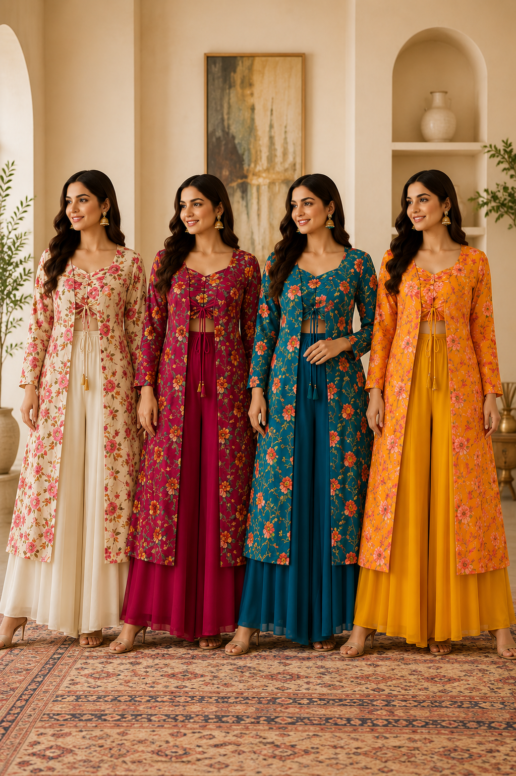Floral Indo-Western Co-Ord Set with Natural Crepe Jacket & Top | Chinon Palazzo | Hand Embroidered | Women’s Party & Wedding Outfit