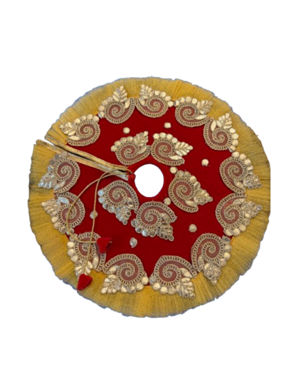 Red and gold embroidered Laddu Gopal Janmashtami poshak with decorative border and matching accessories
