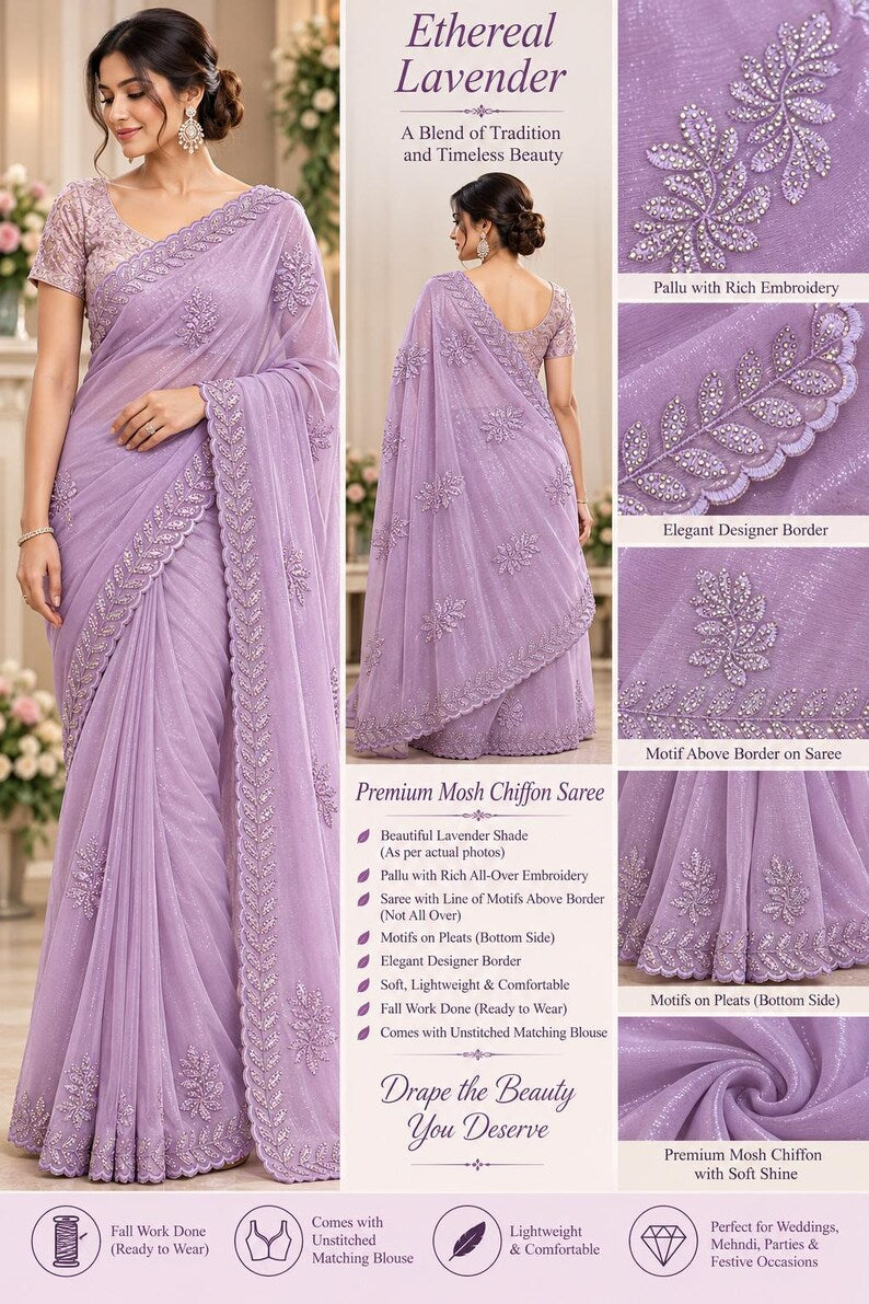 Lavender shimmer tissue chiffon saree with embroidered pallu, floral motifs and decorative border