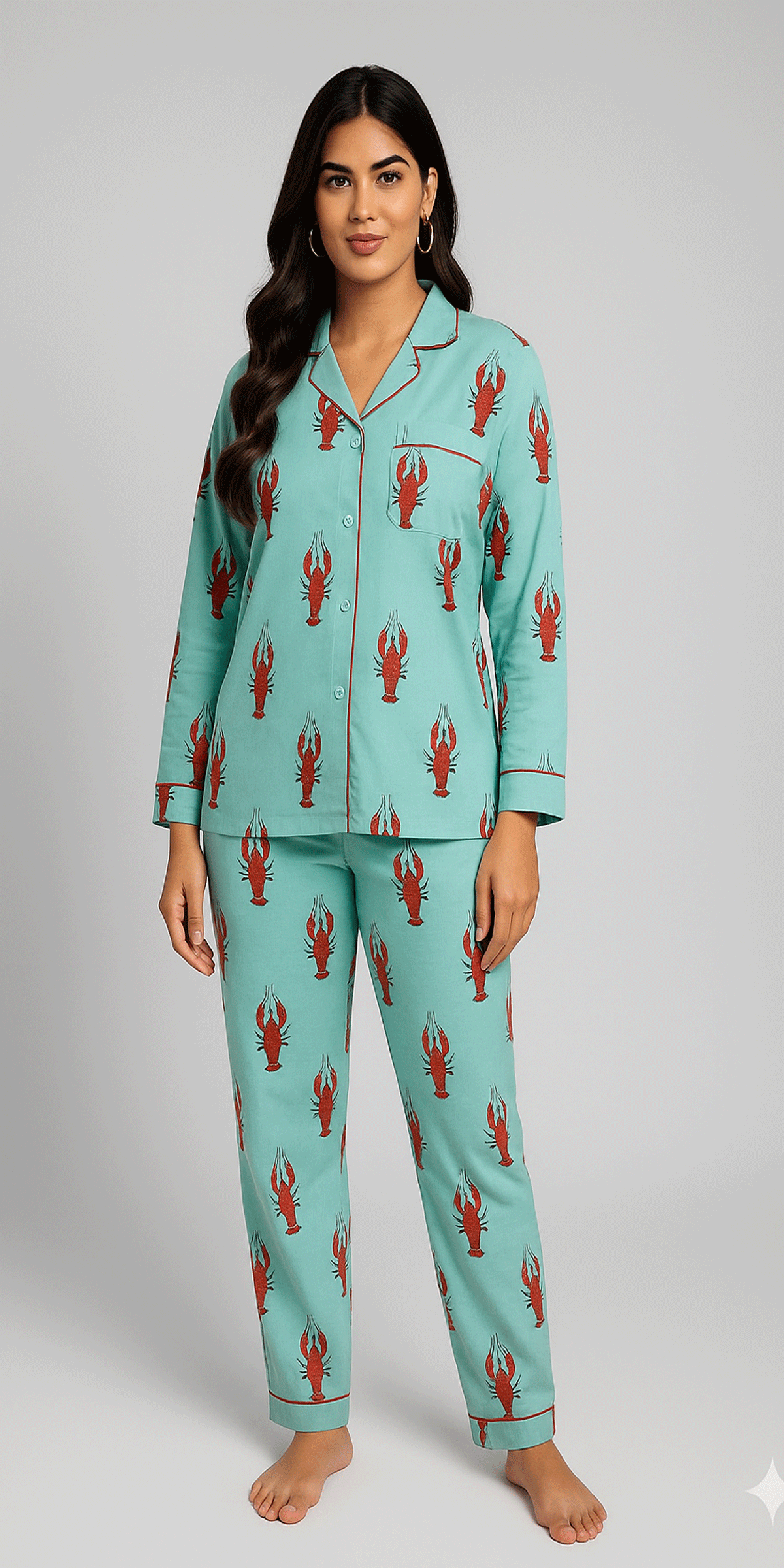 Seafood lover Pajamas Set, Lobster print Pajama Set, Turquoise Pajamas set for women,  Slumber Party Pjs. Pjs Party, Sleepover dress, turquoise Matching Top and bottom Pajamas,  Turquoise Loungewear, Turquoise Shirt Pajamas,  Turquoise Sleepwear for women.  sea green  Pajamas for women, Christmas gift set, Mother's day gift set, Birthday gift. 