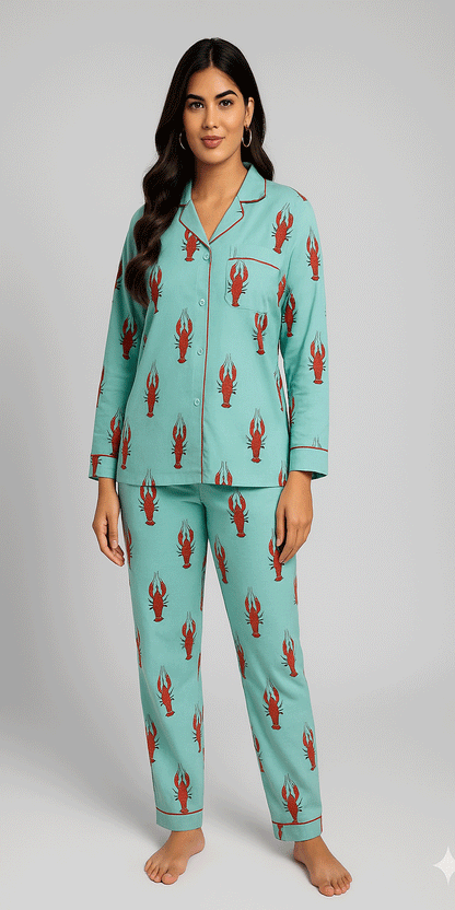 Seafood lover Pajamas Set, Lobster print Pajama Set, Turquoise Pajamas set for women,  Slumber Party Pjs. Pjs Party, Sleepover dress, turquoise Matching Top and bottom Pajamas,  Turquoise Loungewear, Turquoise Shirt Pajamas,  Turquoise Sleepwear for women.  sea green  Pajamas for women, Christmas gift set, Mother's day gift set, Birthday gift. 
