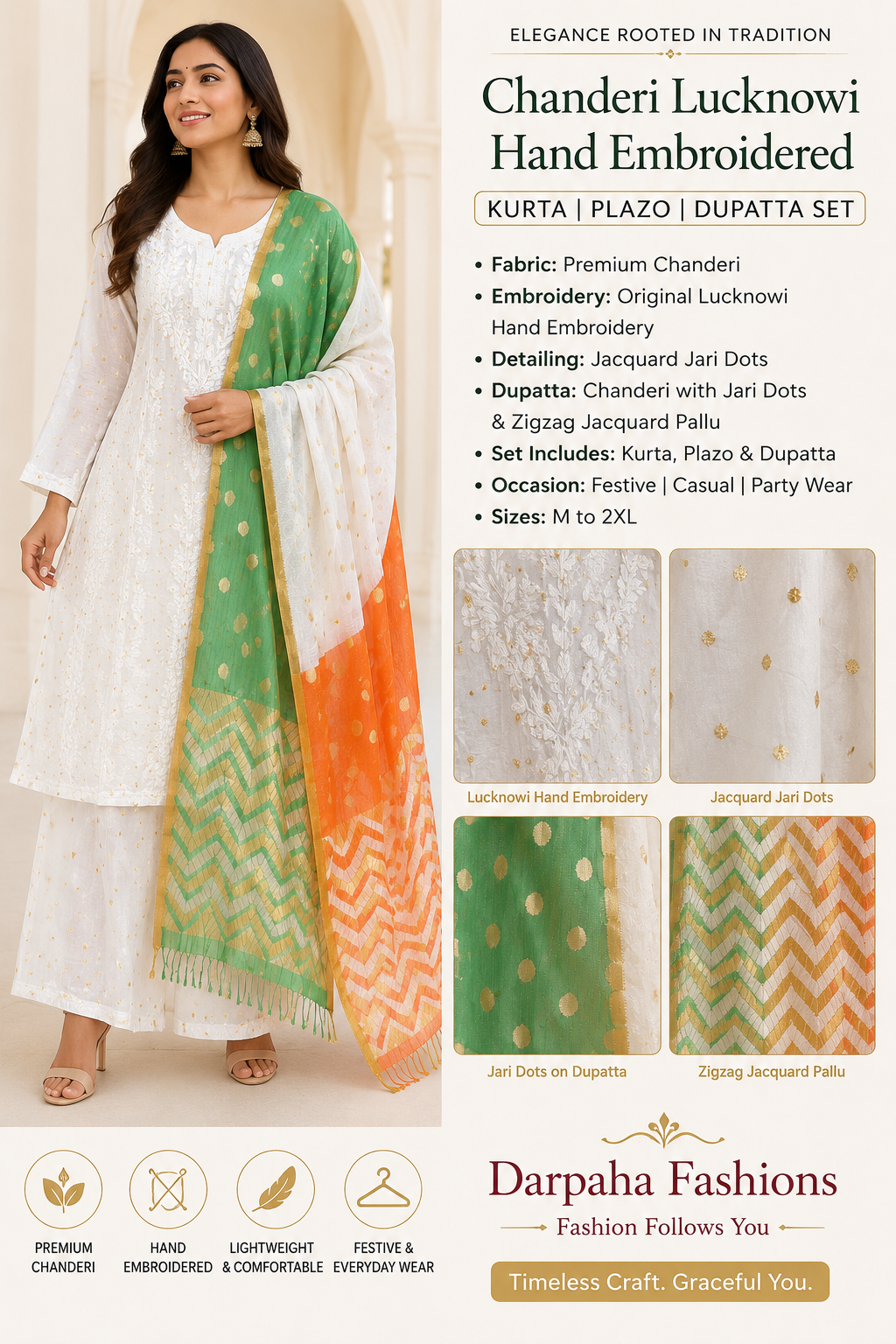 White Lucknowi Chikankari embroidered muslin palazzo suit with green and orange Chanderi dupatta, showing embroidery and dupatta details