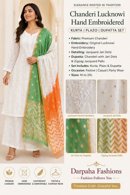 White Lucknowi Chikankari embroidered muslin palazzo suit with green and orange Chanderi dupatta, showing embroidery and dupatta details