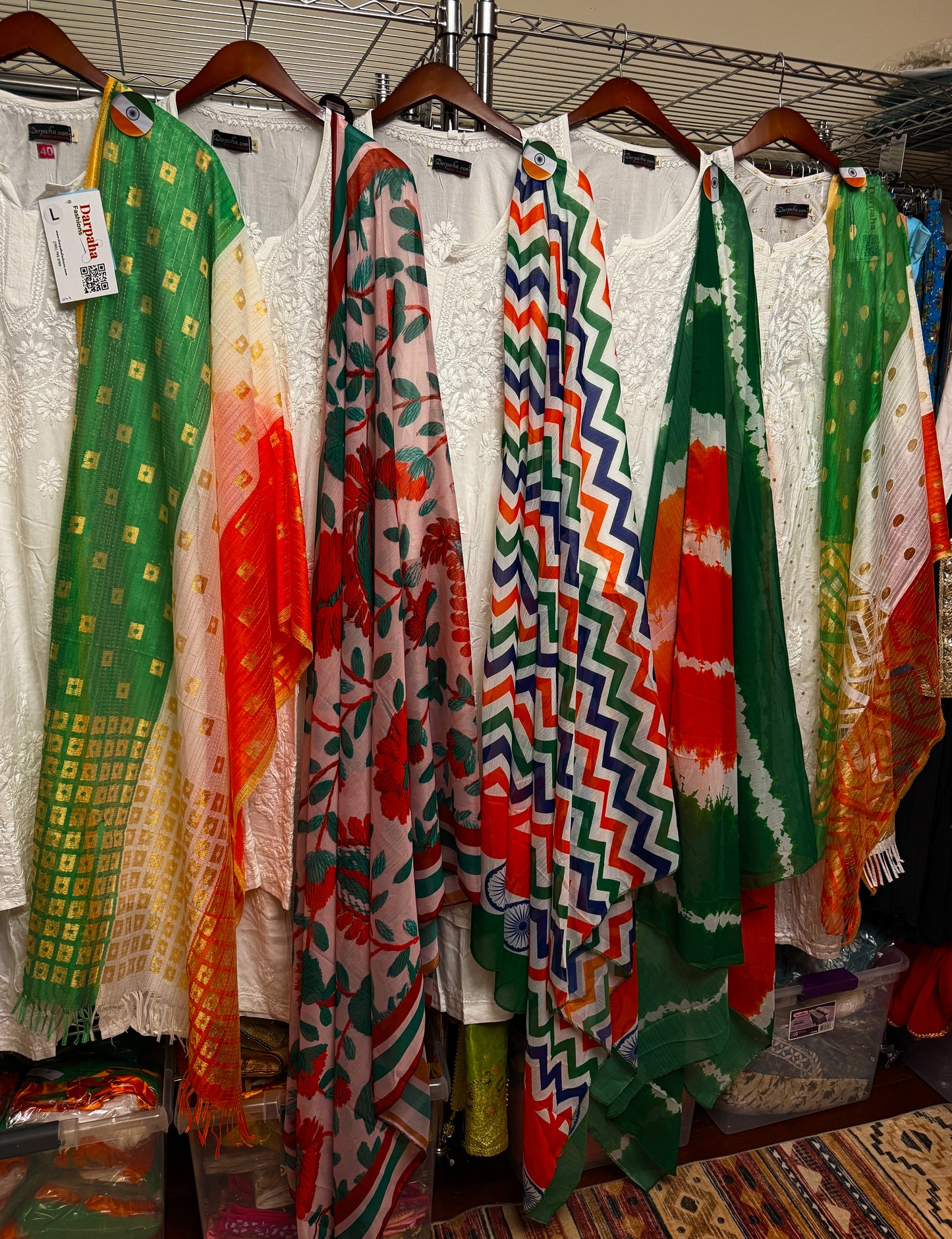 White Lucknowi embroidered muslin suits with floral, zigzag, tie-dye and colorful tricolor dupatta options