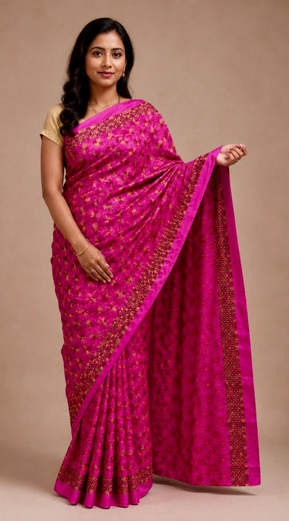Magenta Kanchan Phulkari Chinnon saree with multicolor Reshmi thread embroidery and sequin detailing