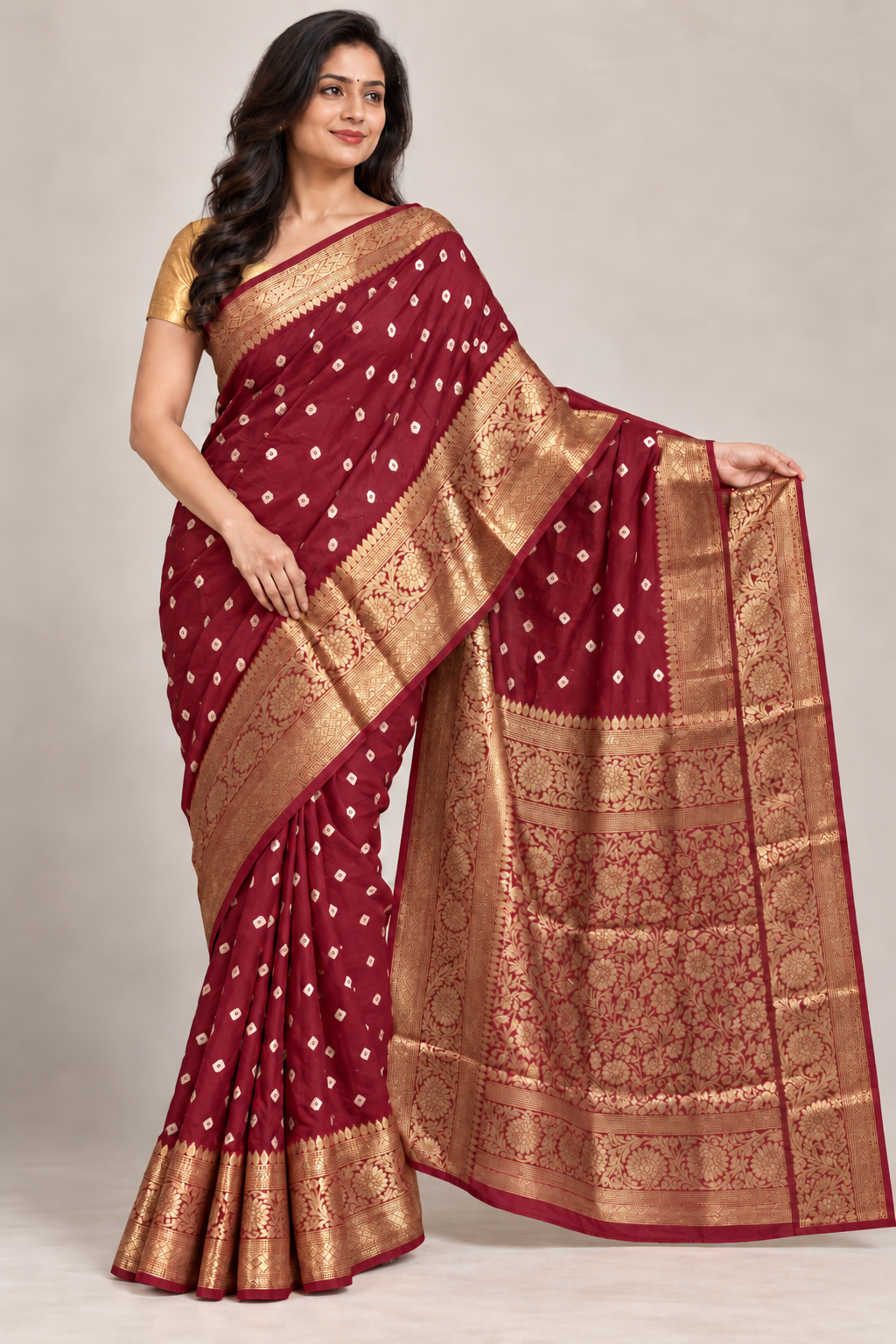 Model wearing a maroon Bandhani silk saree with Banarasi work and coordinating blouse