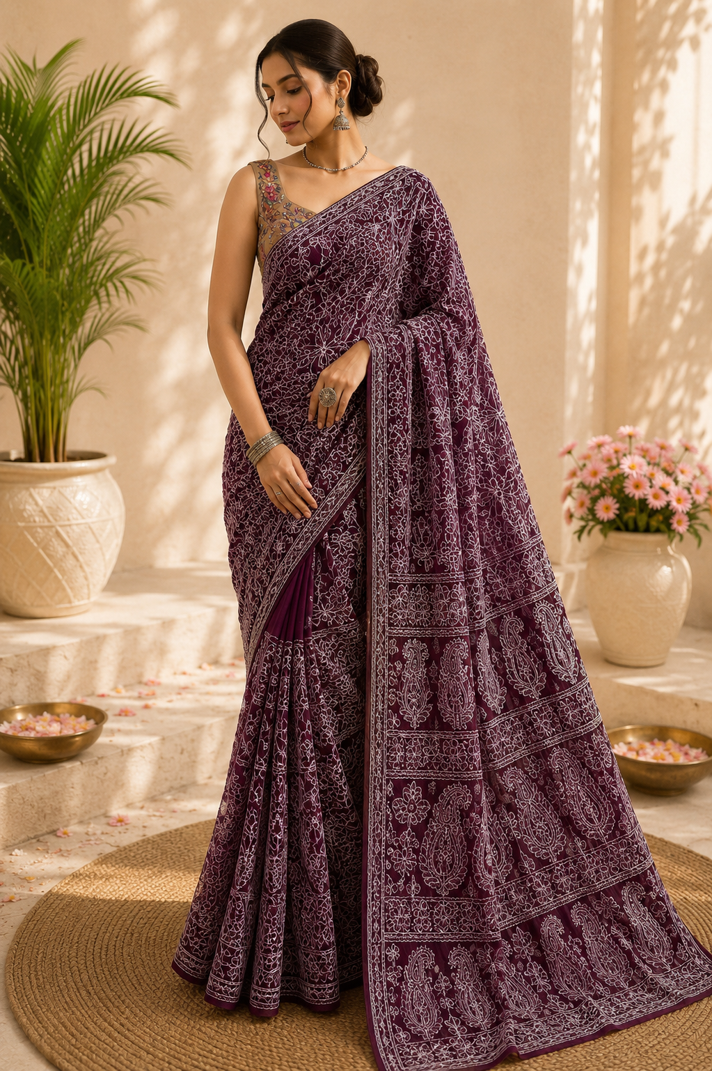 Woman wearing a maroon pure georgette saree with delicate white floral embroidery and an intricately embroidered paisley pallu, paired with a printed blouse.