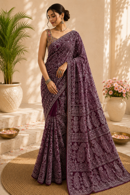 Woman wearing a maroon pure georgette saree with delicate white floral embroidery and an intricately embroidered paisley pallu, paired with a printed blouse.