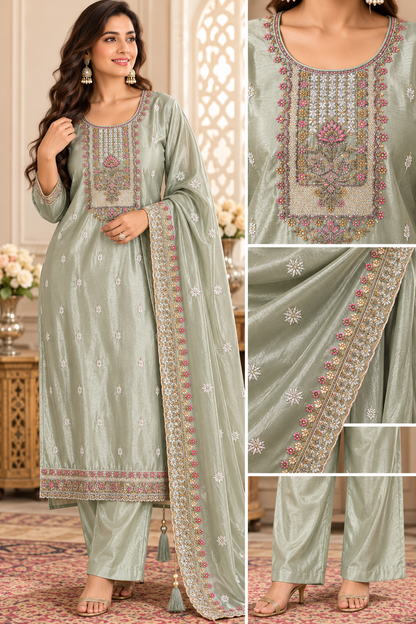 Tussar Silk Embroidered 3-Piece Suit Set with Handwork & Dupatta