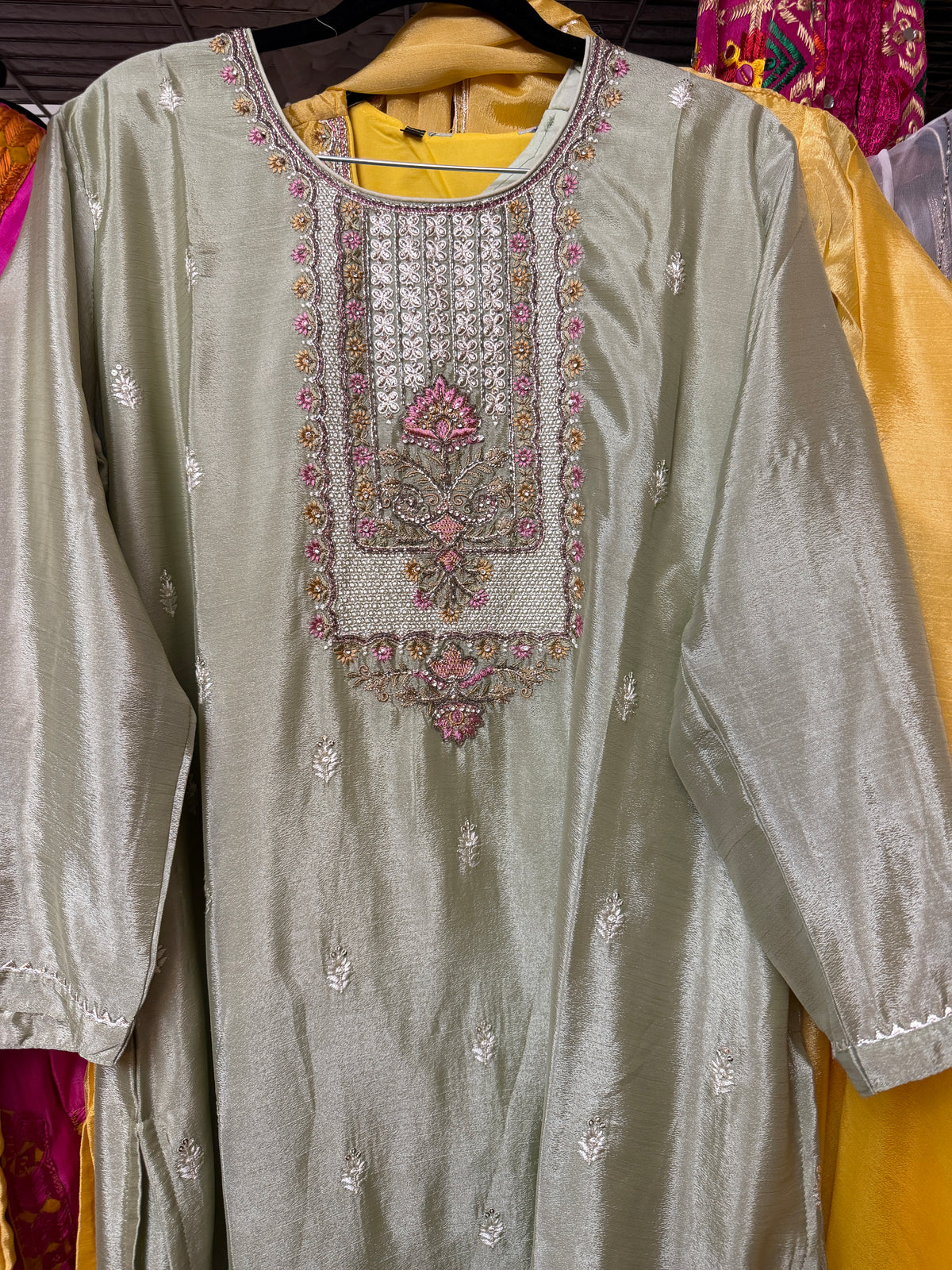  Mint green Tussar silk embroidered Mehendi suit with matching pants and dupatta