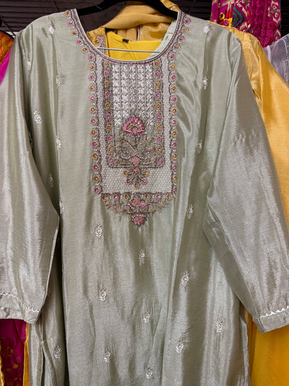  Mint green Tussar silk embroidered Mehendi suit with matching pants and dupatta