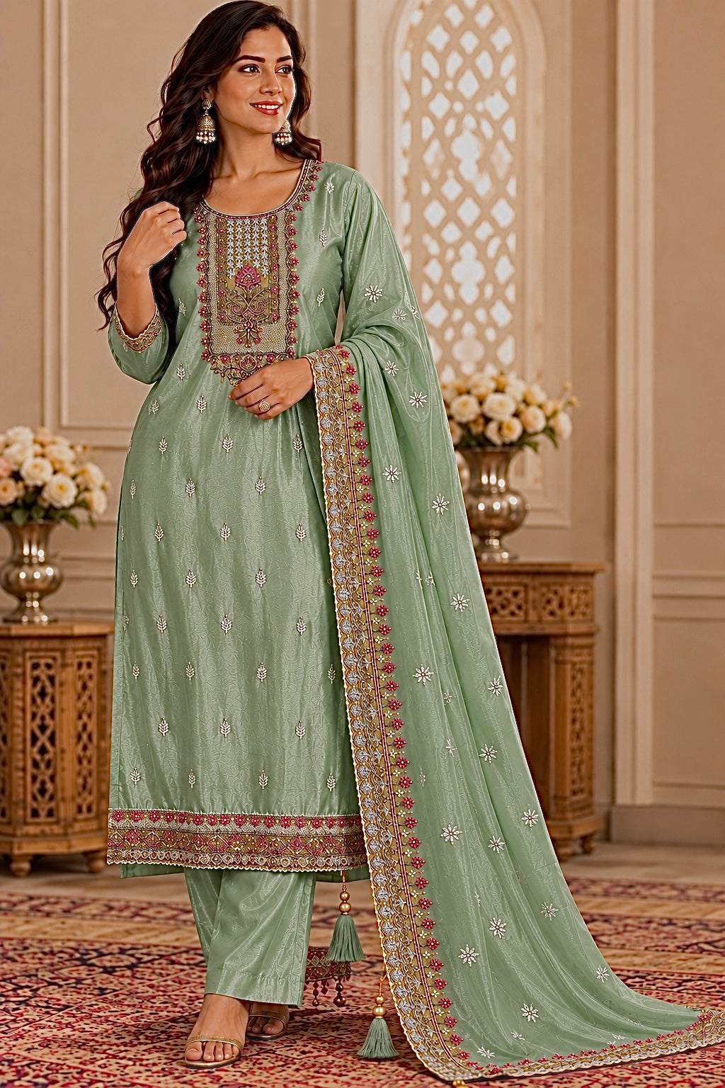 Tussar Silk Embroidered 3-Piece Suit Set with Handwork & Dupatta