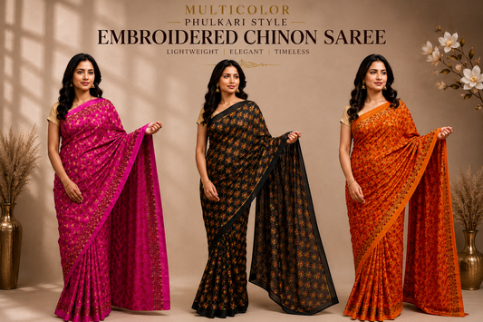 Multicolor Kanchan Phulkari style Chinnon sarees in black, orange and magenta