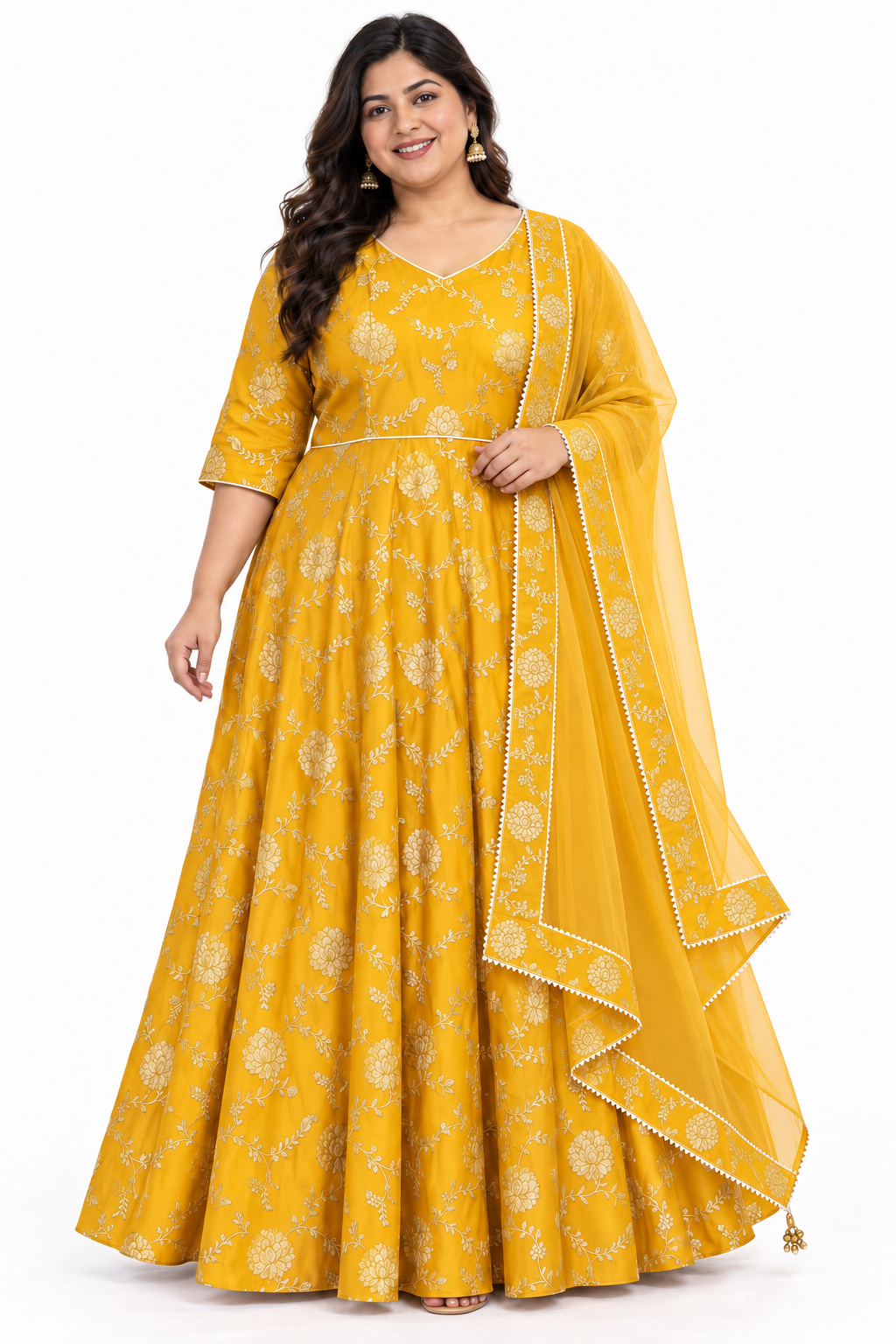 Mustard yellow Dola silk jacquard Anarkali dress with gold floral vine pattern and sheer dupatta